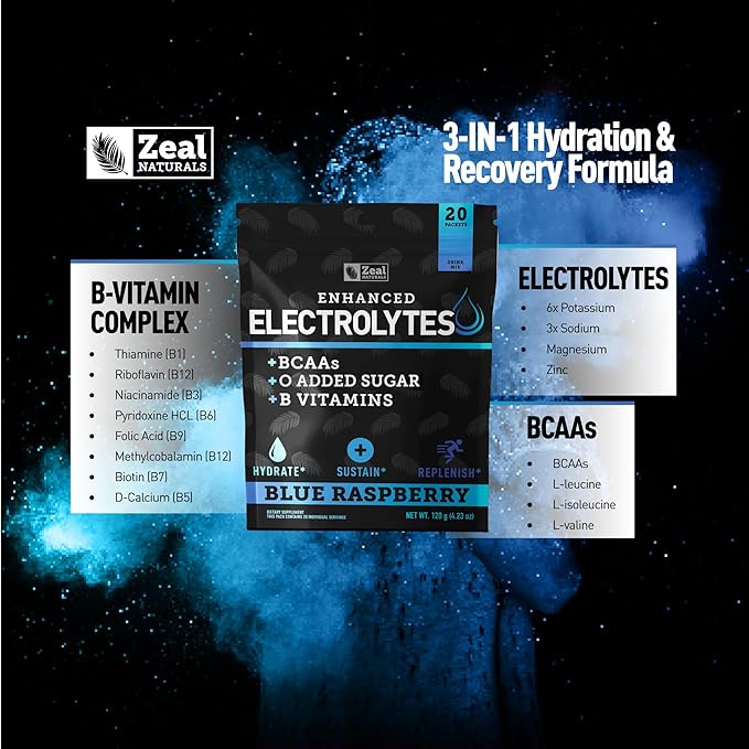 Enhanced Electrolyte Powder Stick Packs (Blue Raspberry | 20 Packets) w/ 0 Sugar +BCAAs +B-Vitamins Electrolyte Supplement w Potassium Zinc & Magnesium for Hydration - Keto Electrolytes