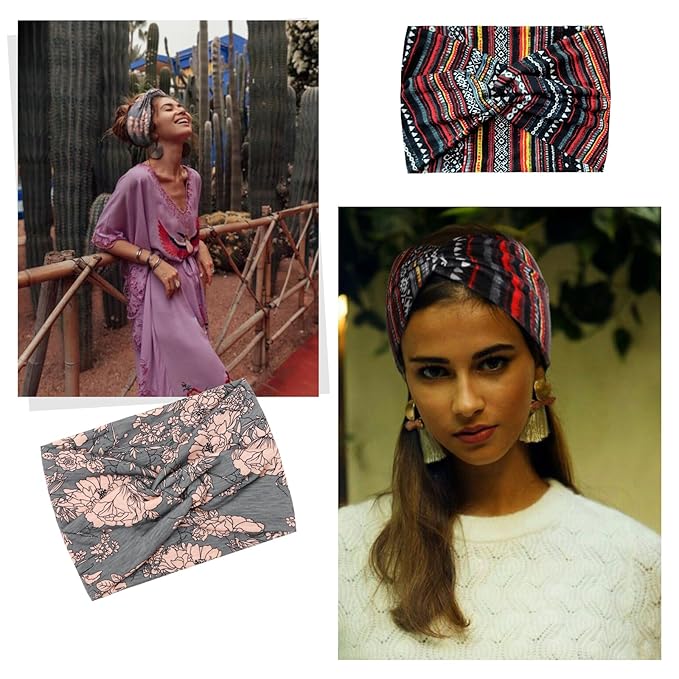 AKTVSHOW 7'' Wide Headbands for Women, 10 Pack Large Boho Turban Headband Fashion Non Slip Hairbands Thick Head Wraps Yoga Workout Hair Accessories