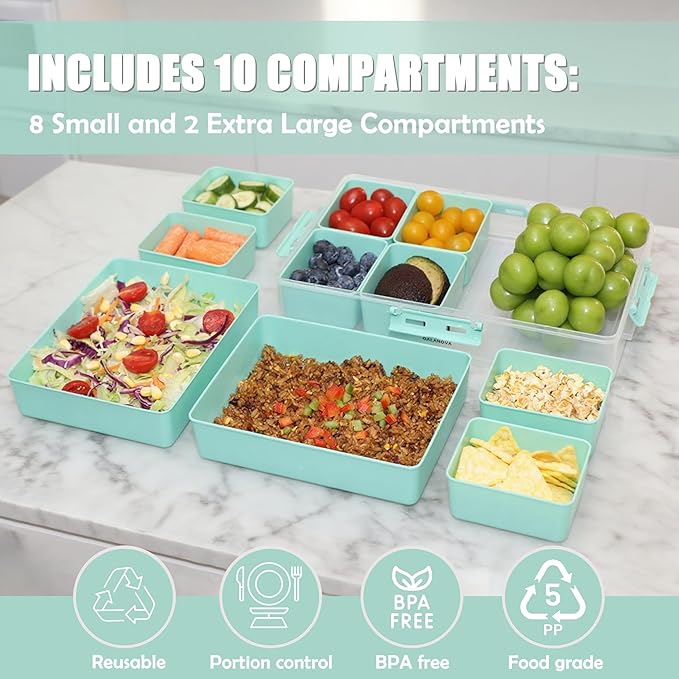 Snackle Box Container - 10 Compartments Including 2 XL, Dishwasher & Microwave Safe, Divided Serving Tray with Lid and Handle, BPA-Free, snack box (1 PCS, Green, 1 Box with 2 XL Compartments)