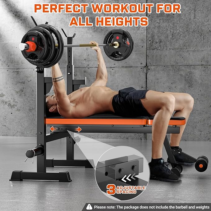 Fostoy Weight Bench, 770lbs Bench Press With Squat Rack, Adjustable Weight Benches for Home Gym, Olympic Workout Bench for Full Body Fitness, Flat Incline Bench With Removable Foot Catch