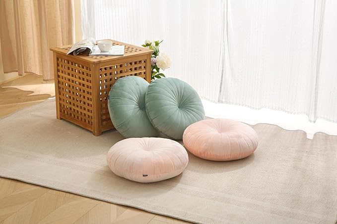 Floor Pillow Meditation Cushion Round Large Floor Pillows Seating for Adults, Velvet Thick Floor Cushions for Yoga Living Room Balcony Outdoor Tatami 18inch(Green)
