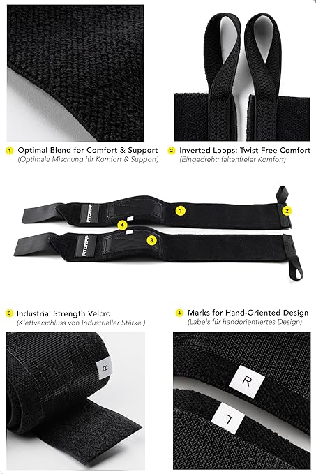 Fitgriff® Wrist Wraps for Weightlifting (18") Heavy-Duty Support for Gym, Bench Press, and Pushups (1 Pair) - for Men and Women (Black)