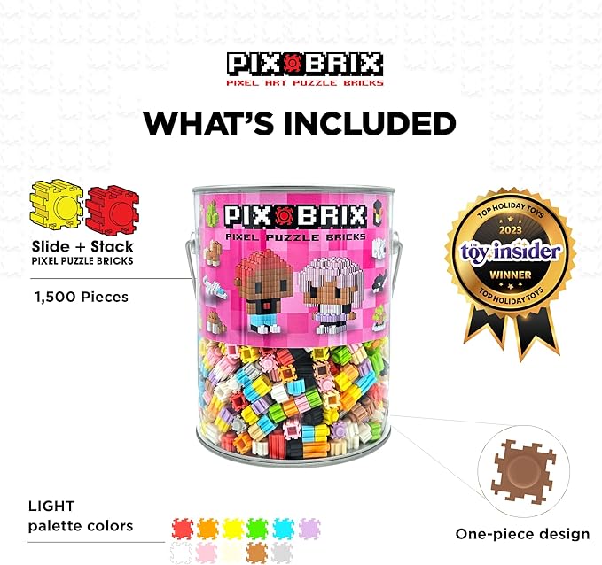 Pix Brix Pixel Art kit Puzzle Bucket - 1,500-Piece Kit with 11-Color Light Palette – Patented Interlocking Building Bricks for 2D and 3D Creations – STEM Toy for Ages 6+