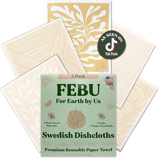 FEBU Swedish Dishcloths for Kitchen | 5 Pack Neutral Reusable Paper Towels Washable | Swedish Dish Towels | Non-Scratch Cellulose Sponge Cloths | No Odor, Biodegradable Cleaning Cloths