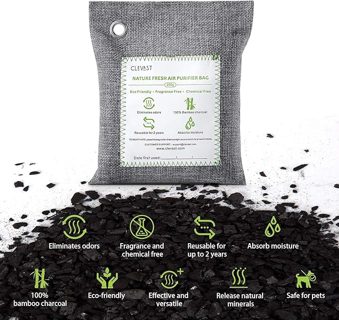 CLEVAST Bamboo Charcoal Air Purifying Bags (Large, 4×200g), Removes Odors and Moisture, Nature Fresh Air Purifier Bags, Odor Eliminator for Home, Car, Pets, Bathroom, Basement