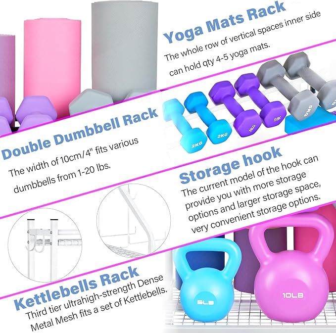 Dumbbell Rack, Yoga Mat Storage Rack - Weight Rack for Dumbbells, Home Gym Storage Rack for Yoga Mat, Dumbbells and Kettlebells, All in One Workout Equipment Storage with Caster Wheels