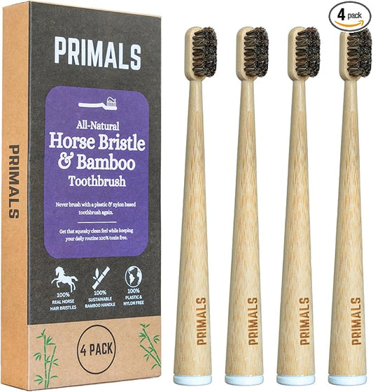 PRIMALS Horse Bristle & Bamboo Toothbrush (4-Pack) - Luxurious & Soft Horse Bristles - Fully Biodegradable - Plastic & Nylon Free - Quick Dry Design