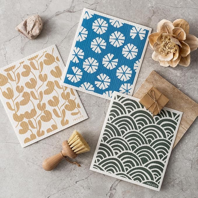 RECYCO Swedish Dishcloths for Kitchen | 6 Pack Wave Washable Dish Rags | Cellulose Reusable Cleaning Paper Towels | Absorbent Counter Dish Cloth Sponge Kitchen Wipes, 8" L x 7" W