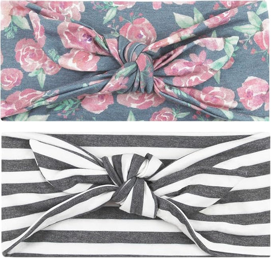 Maven Thread Women's Wide Bow Headbands – 2-Pack No-Slip, Sweat-Wicking Stretchy Hairbands for Yoga, Running, Exercise & Gym (Navy Floral & Stripes)