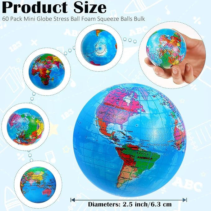 60 Pcs Globe Squeeze Balls Bulk,2.5 inch Earth Stress Relief Balls,Soft Foam Stress Ball Toy for Finger Exercise, Foam Squeezable Balls Classroom School Office Party Favors