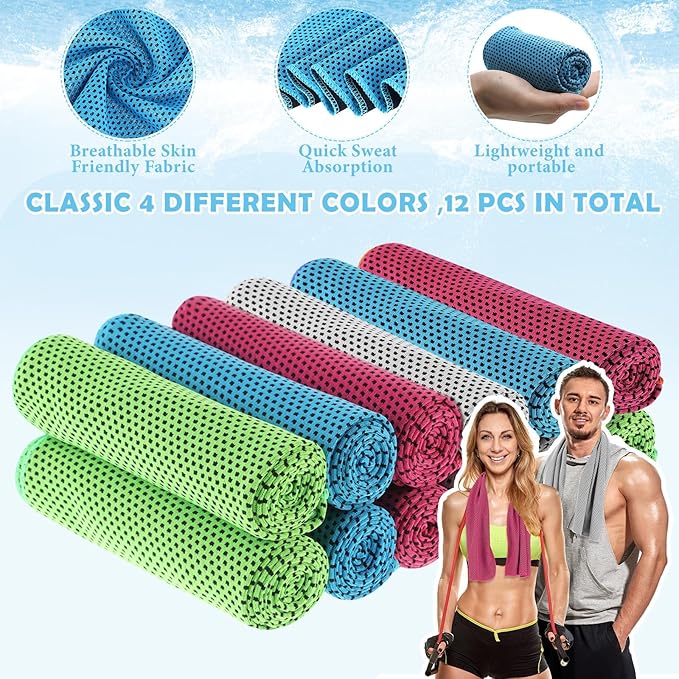 12 Pack 32 x 12 in Cooling Towels Bulk for Neck and Face Microfiber Ice Towel Sweat Towels Breathable Soft Chilly Towel Portable Cool Neck Rags for Yoga Sport Gym Workout Fitness
