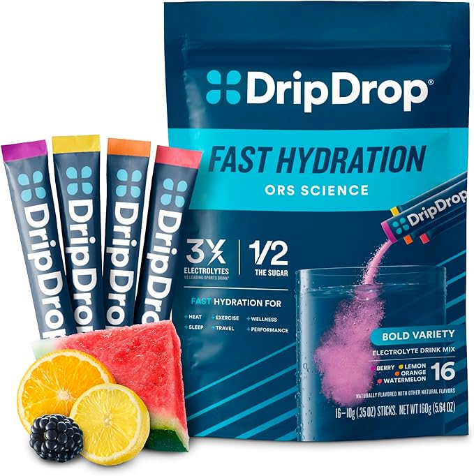 DripDrop Hydration Packets - Bold Variety Pack - Single Serve Electrolytes Powder Drink Mix - Watermelon, Berry, Lemon, Orange - Non-GMO, Gluten Free, Vegan - 16 Sticks