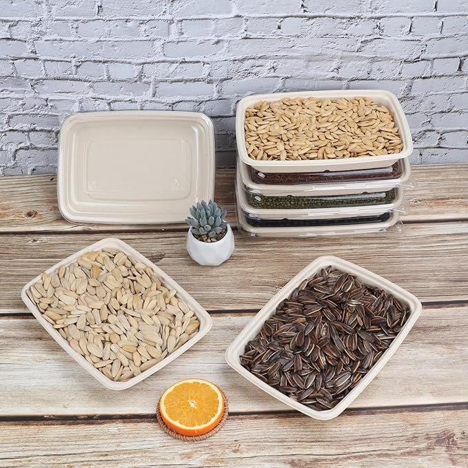 20 oz Rectangle Disposable bowls with lids,Sugarcane Fibers Bowls take away food containers Plant Fibers Freezer Safe 50 Pack