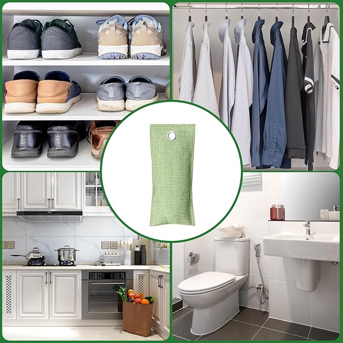 4 Pack charcoal odor absorber,Bamboo Charcoals Air Purifying Bag Charcoals Deodorizer Eliminator for Strong Odors in Car, Closet, Shoe, Basement (75G*4 Pack Light Green-2, Unscented)