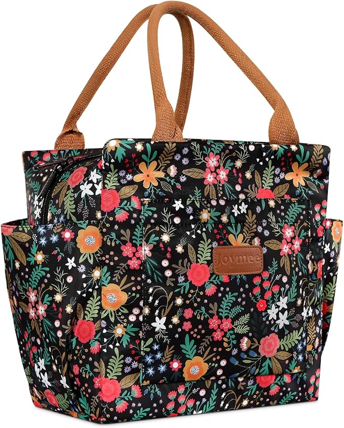 Joymee Lunch Bag Women Insulated Lunch Box Reusable Leakproof Large Spacious Cooler Tote for Womens Mens Adults with Bottle Holder and Side Pockets for Work Office Travel Picnic - Multi-Floral