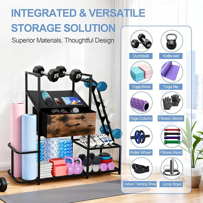 Dumbbell Rack for Home Gym, 5-Tier Metal Home Gym Storage Rack with Drawer and Slanted Shelf, Multi-Functional Organizer for Dumbbells, Yoga Mats & Accessories, Weight Rack for Home Gym Dumbbells