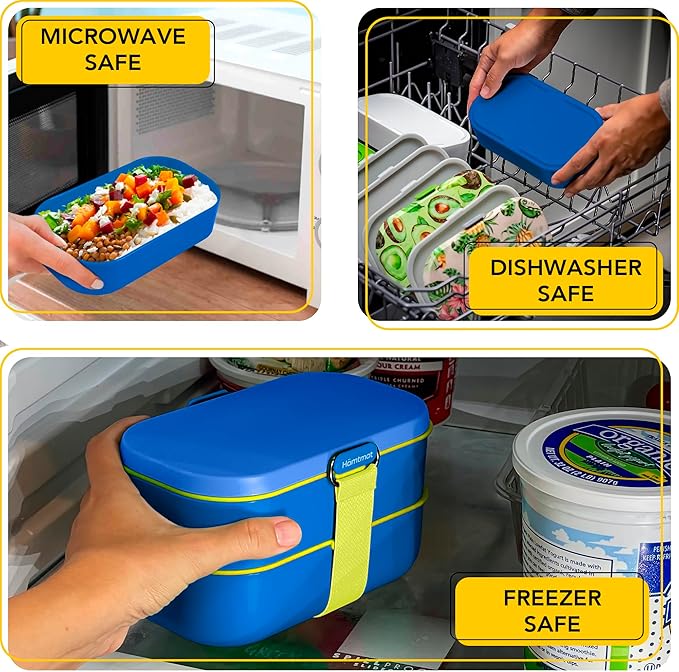 Insulated Stackable Bento Box for Adults with Reusable Chopsticks Japanese Lunch Box Microwavable & Leak Proof Lunch Containers for Men & Women Modern Cute Food Container with Compartments (Blue)
