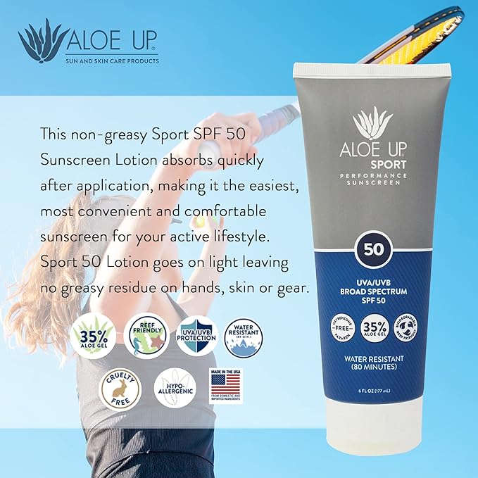 Aloe Up Sport Sunscreen Lotion SPF 50 - Broad Spectrum UVA/UVB Sunscreen Protector for Face and Body - With Hydrating Aloe Vera Gel - Non-Greasy - No White Cast - Reef Safe - Fragrance-Free - 6 Oz.