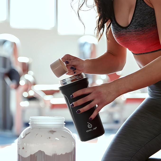 Ideus Protein Shaker Bottle 24oz(710ml) Insulated Stainless Steel Shaker Bottle with Silent Tritan Ball Portable Pre Workout Shaker Cups for Protein Shakes, Smoothies, Cocktails, Black