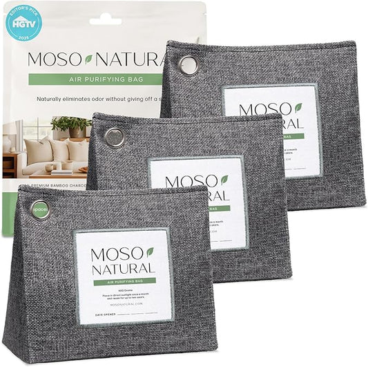 Moso Natural Air Purifying Bag 600g (3 Pack) Premium Bamboo Charcoal Odor Absorber | Pet Odor Eliminator for Home | Room Deodorizer for Large Spaces, Bedroom, Kitchen, Basement | Charcoal Bags