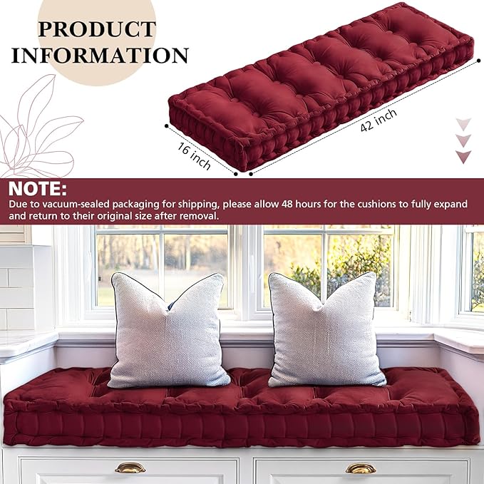 Bench Cushions for Indoor Furniture 42x16 in Velvet Kitchen Dining Piano Window Seat Cushion, Tufted Patio Porch Swing Thicken Bench Pad Memory Foam for Christmas Decor(Dark Red)