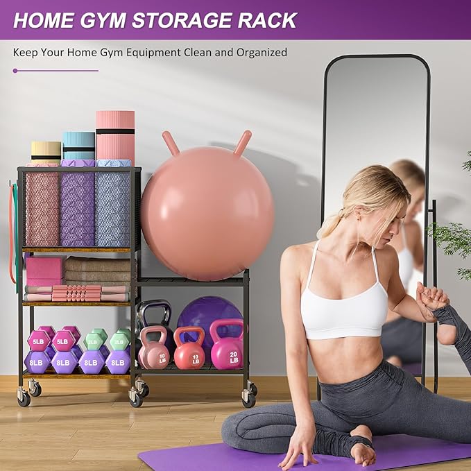 5 Tier Dumbbell Rack, Yoga Mat Storage Holder, Home Gym Storage Rack, Workout Equipment Storage Organizer, Weight Storage Holder Rack with Hooks and Wheels