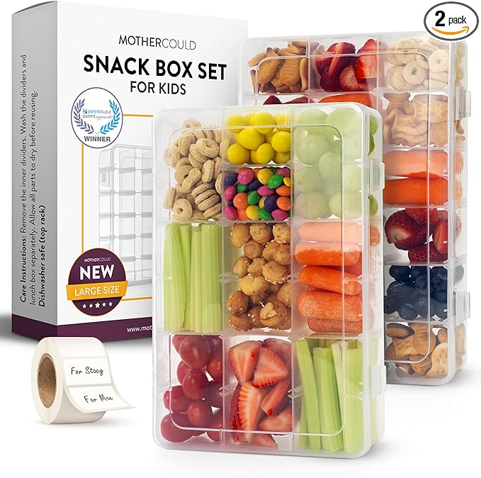 Large Kids Snack Box Containers Set of 2 -100 Labels, BPA-Free, Adjustable Compartments, Dishwasher Safe, Reusable Tray, Food Grade, Meal Prep Container, PARENT TESTED PARENT APPROVED AWARD (Clear)