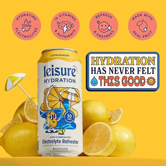Leisure Hydration Non-Carbonated Electrolyte Refresher, Lemonade Flavor - Low Sugar Nutrient Enhanced Water Beverage - Get The Best Hydration Packed w/ Magnesium & Ashwagandha For Mood & Stress Support, Non-GMO, 16 oz (12-Cans)