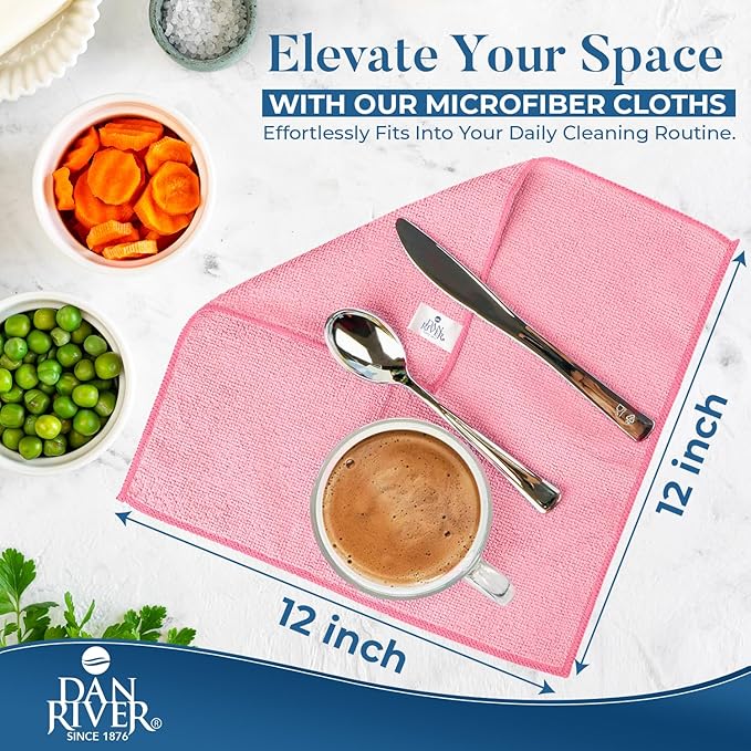 DAN RIVER 12-Pack Pink Microfiber Towels โ Ultra Absorbent, Lint-Free & Streak-Free Kitchen Cleaning Cloths for Home, Car & Kitchen - Must-Have Cleaning Essentials - 12" x 12"