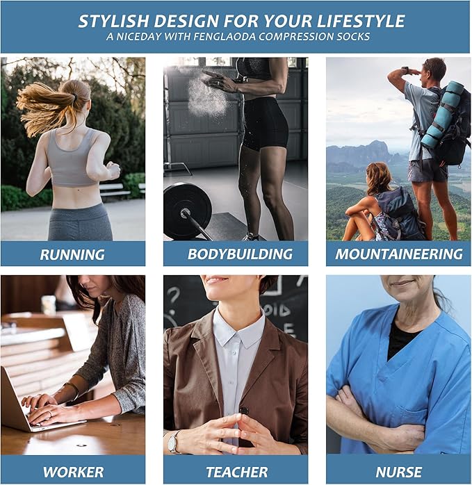 fenglaoda Compression Socks Women Men 6 Pairs, Knee High Best Support Circulation Socks for Running, Travel, Flight, Nurse