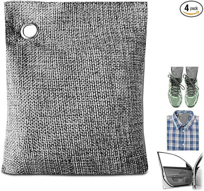 4 Pack charcoal odor absorber,Bamboo Charcoals Air Purifying Bag Charcoals Deodorizer Eliminator for Strong Odors in Car, Closet, Shoe, Basement (200G*4 Pack Gray-4, Unscented)