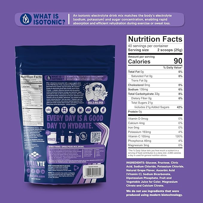 Vitalyte Electrolyte Powder Drink Mix, Isotonic Electrolyte Hydration Mix, Gluten Free Post Workout Powder Mix, Pack of 1, 35 oz., Grape Flavor