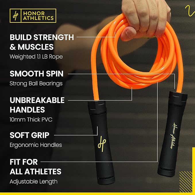 Honor Athletics - WEIGHTED 1.1lb HEAVY Jump Rope for High-Intensity and Strength Training - Adjustable 10ft PVC Rope with Ergonomic Grip, Ideal for Boxing, CrossFit, Muay Thai, MMA, and Fitness