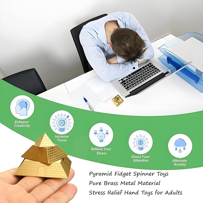 NBZOSENG® Rotating Pyramid Fidget Toy, Solid Brass Metal Desk Decor for Office & Home, Stress Relief & Anxiety Relief Gadget for Adults, Cool Focus Tool for ADHD Autism (Gold Luxury Executive Gift)