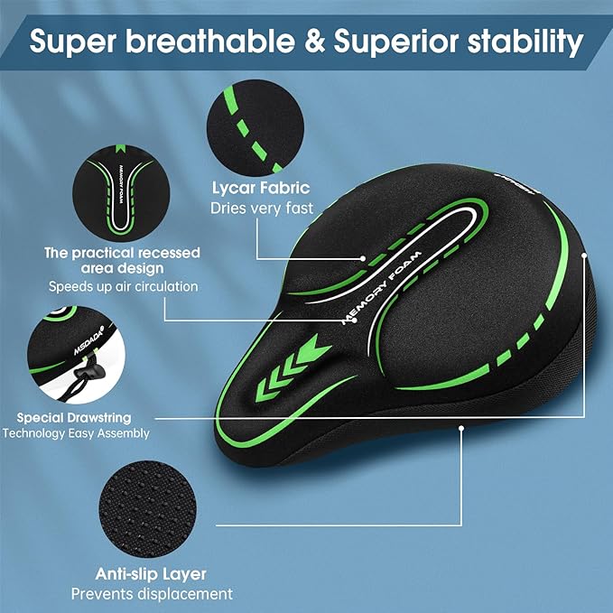 MSDADA New Large Gel Bike Seat Cover, Extra Soft Bike Seat Cushion for Men Women Comfort Wide, Fits Indoor/Outdoor/Exercise Bikes (11.22 inch x 10.03 inch)