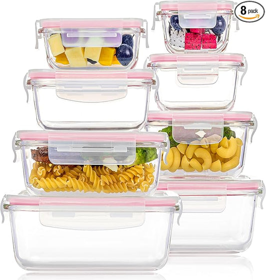 Vtopmart 8 Pack Glass Food Storage Containers with Airtight Lids, Glass Meal Prep Containers, Lunch Containers for Microwave, Oven, Freezer and Dishwasher, BPA Free