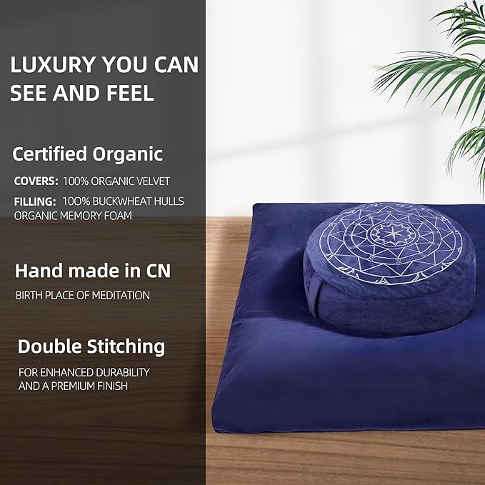 Zafu & Zabuton Meditation Cushion Set - Buckwheat Hull & Memory Foam Pillows, Ergonomic Support for Yoga, Mindfulness - Organic Velvet Cover, Large Size, Durable Comfort (Dark Blue)