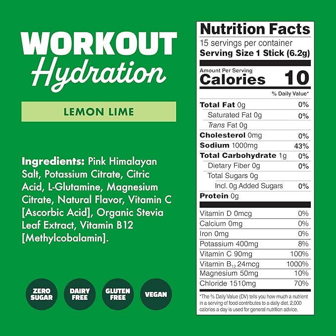 Waterboy Workout Hydration | 2,960mg Sugar Free Electrolyte Powder Packets | L-Glutamine + Vitamins | No Sugar, All Natural, Gluten Free | 15 Drink Stick Mixes (Lemon Lime)