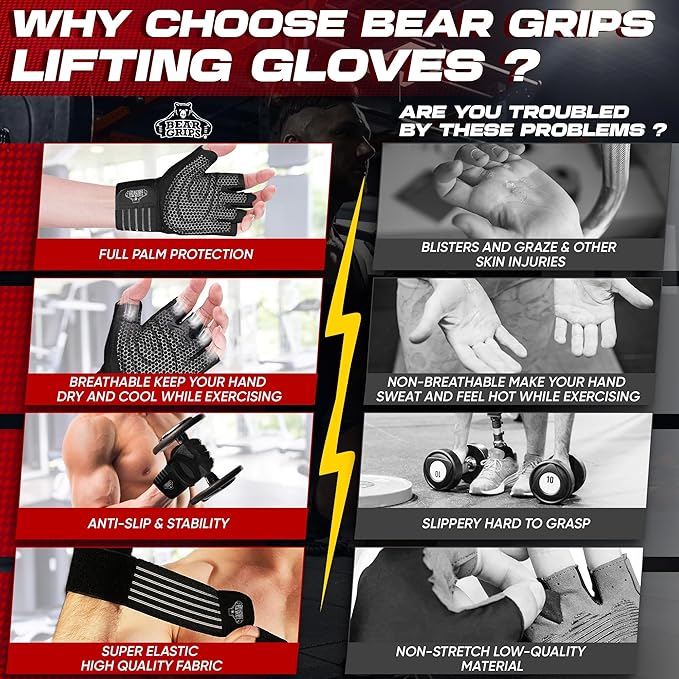 Bear Grips Weight Lifting Gloves for Men & Women | Half Finger Lifting Gloves | Full Finger Workout Gloves for Men | No Finger Exercise Gloves l Compression Weightlifting Gloves | Gym Gloves for Men