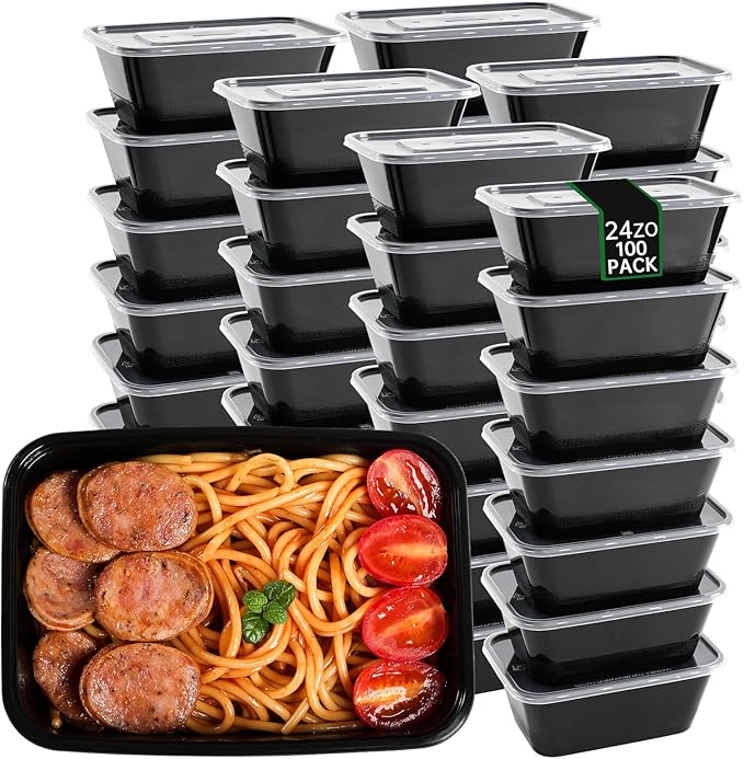 100pc 24 Oz Meal Prep Containers disposable, Plastic Food Take Out Containers With Lid, Take Out Containers Disposable, Reusable food storage containers,Microwave Freezer Dishwasher Safe