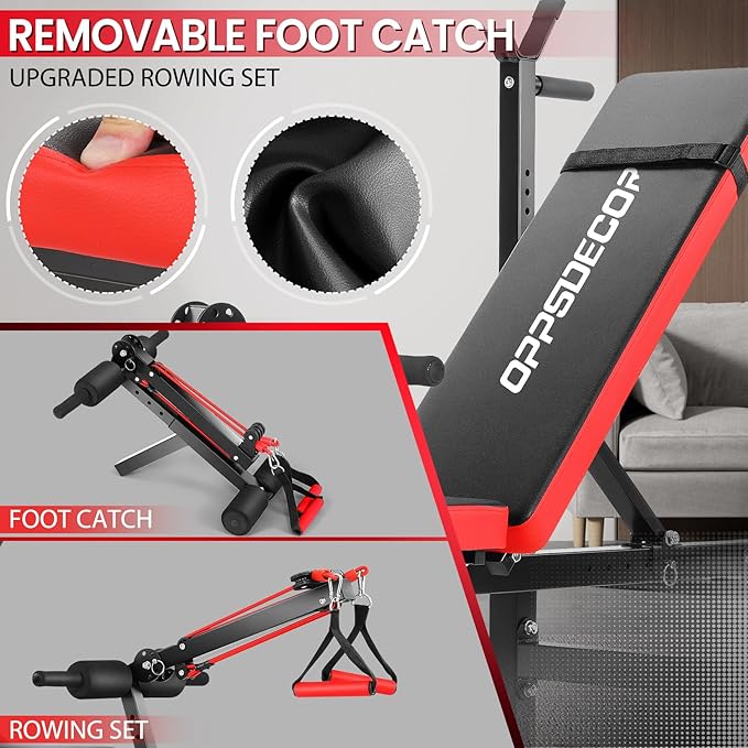 OPPSDECOR 8-in-1 Foldable Weight Bench Set with Squat Rack, Adjustable Bench Press Home Gym System for Full-Body Workout, Flat Incline Decline Sit Up Bench with Removable Foot Catch & Elastic Ropes