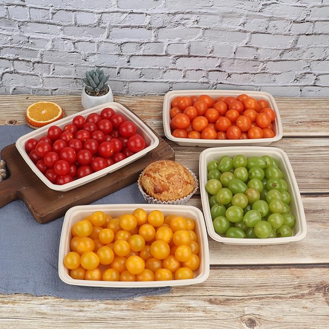 20 oz Rectangle Disposable bowls with lids,Sugarcane Fibers Bowls take away food containers Plant Fibers Freezer Safe 50 Pack