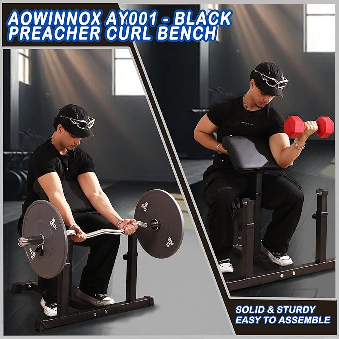 Fitness Black Adjustable Arm Preacher Curl bench, Bicep Tricep Curl Machine, Seated trenghthen Training Isolated Barbell Dumbell Station for Home Gym