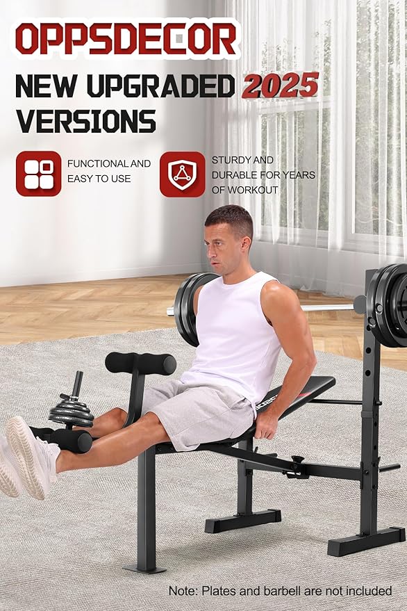 OPPSDECOR Multi-Function Weight Bench Set with Squat Rack Leg Extension & Leg Curl Adjustable Workout Bench for Full Body Fitness Foldable Flat/Incline/Decline Upgrade Bench Press for Home Gym