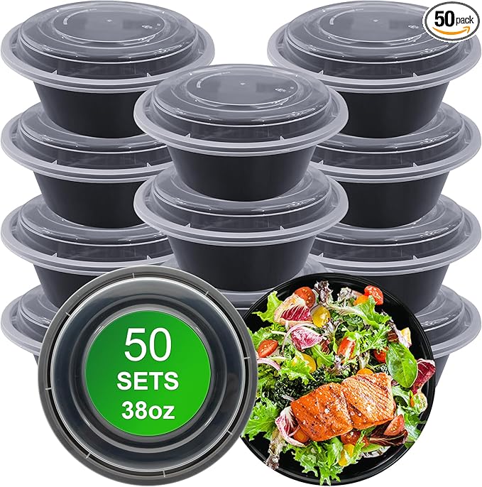 Round Meal Prep Containers with Lids, 50 Pack 38oz (100-Piece) Disposable Leakproof Take Out Food Storage Containers, Plastic To Go Lunch Boxes, BPA Free, Microwave/Dishwasher/Freezer Safe