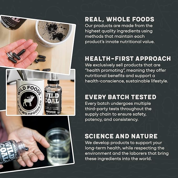 Wild Foods Activated Charcoal Capsules | 100% Organic Coconut Shells Active Tablets for Bloating Relief | Lab Tested & Non-GMO Detox Pills | USA (Two Bottles - 120 Capsules)