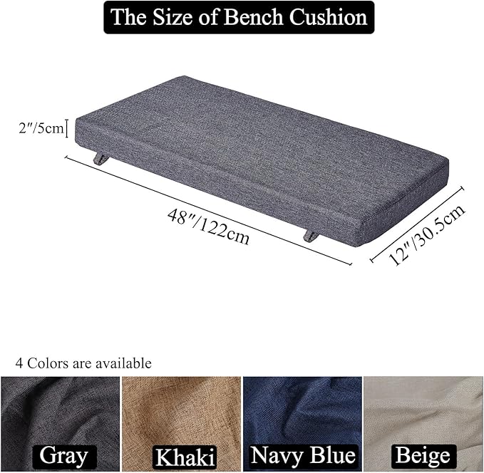 48x 12 Inch Piano Bench Cushions for Indoor Furniture with Ties Non Slip Kitchen Dining Room Bench seat Cushion for Shoe Storage Ottoman Window Settee Pad, Gray