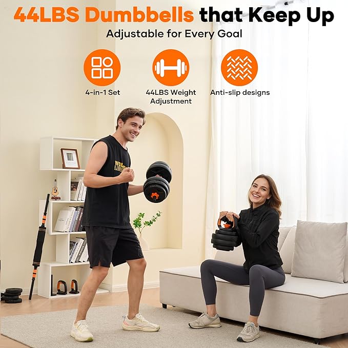 Adjustable Dumbbell Set, 44LBS Wights Set, 4-In-1 Dumbbell Set with Connector for Barbell, Kettlebell, Push-Up Stand, Home Gym Fitness Equipment for Strength Training