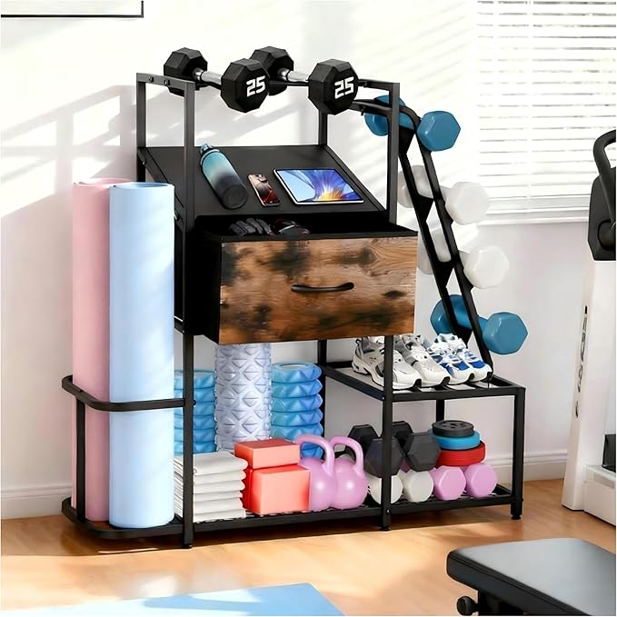 Dumbbell Rack for Home Gym, 5-Tier Metal Home Gym Storage Rack with Drawer and Slanted Shelf, Multi-Functional Organizer for Dumbbells, Yoga Mats & Accessories, Weight Rack for Home Gym Dumbbells