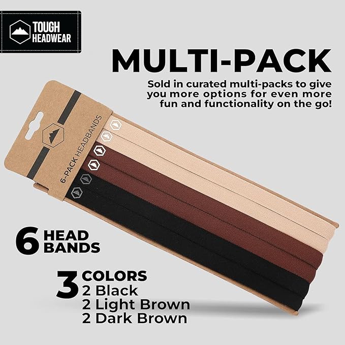 Tough Headwear Thin Elastic Headbands for Men - Sports Hair Head Band for Women & Men - Non Slip Mens Workout Headband - Running or Soccer Headband - 6-Pack